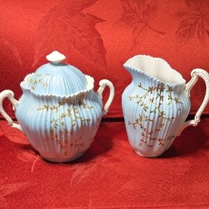 Double Crown Sugar And Creamer Set Light Blue with Gold Cherry Blossoms